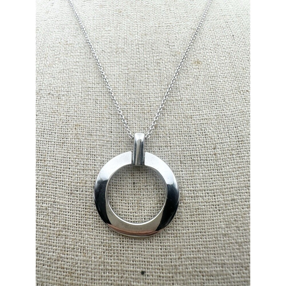 925 Sterling Silver Round Circle Modernist Pendant Necklace 18”